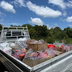 Bantuan sembako di atas truk di tengah alam terbuka.